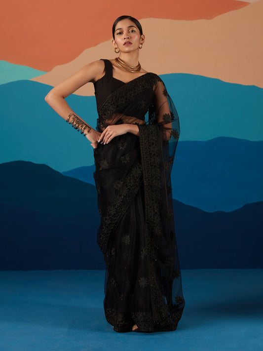 Likha Black Net Sequin Embroidered Saree with Unstitched Blouse LIKSAR11 (One Size)