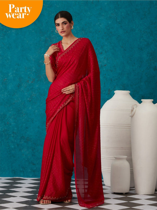 Likha Maroon Satin Solid Embellished & Sequined Saree with Unstitched Blouse LIKSAR19 (Free Size)