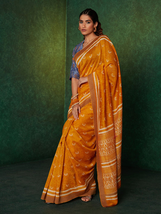 Likha Yellow 200gms Kota Doriya Handblocked Cotton Saree with Unstitched Blouse LIKSAR67 (Free Size)