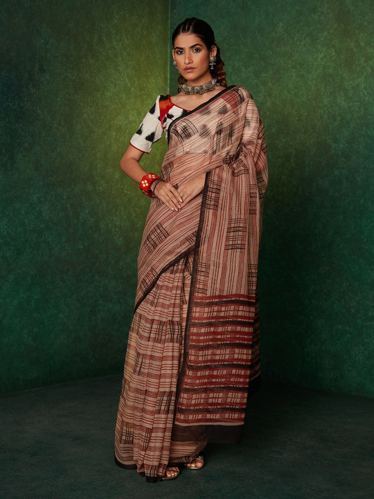 Likha Black Maroon 200gms Kota Doriya Handblocked Cotton Saree with Unstitched Blouse LIKSAR70 (Free Size)