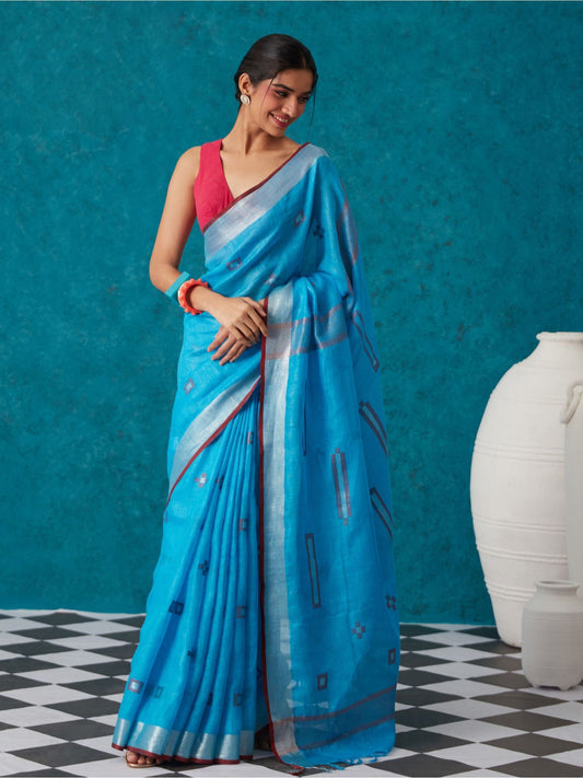 Likha Blue Linen Zari Blend Bhagalpuri Saree with Unstitched Blouse LIKSAR87 (Free Size)
