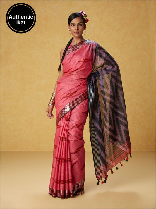 Likha Pink Cotton Ikat Saree with Unstitched Blouse LIKSAR90 (Free Size)