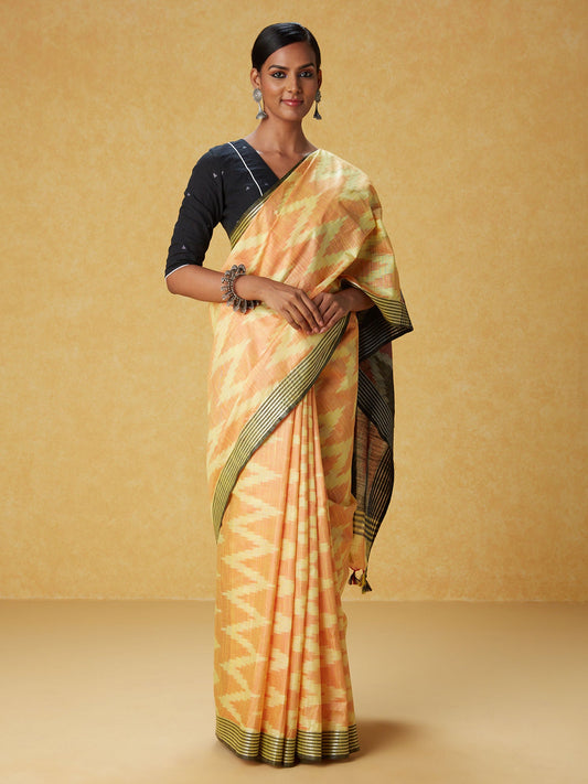 Likha Yellow Cotton Ikat Saree with Unstitched Blouse LIKSAR94 (Free Size)