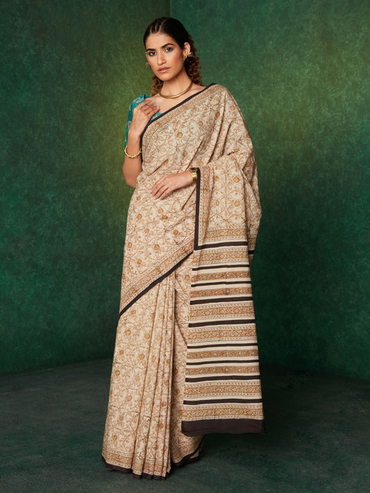 Likha Beige Mulmul Handblocked Bagru Saree with Unstitched Blouse LIKSAR105 (Free Size)