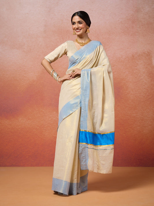 Likha Off-White Blue Tyohar Kasavu Cotton Zari Saree with Running Blouse LIKSAR124 (Free Size)