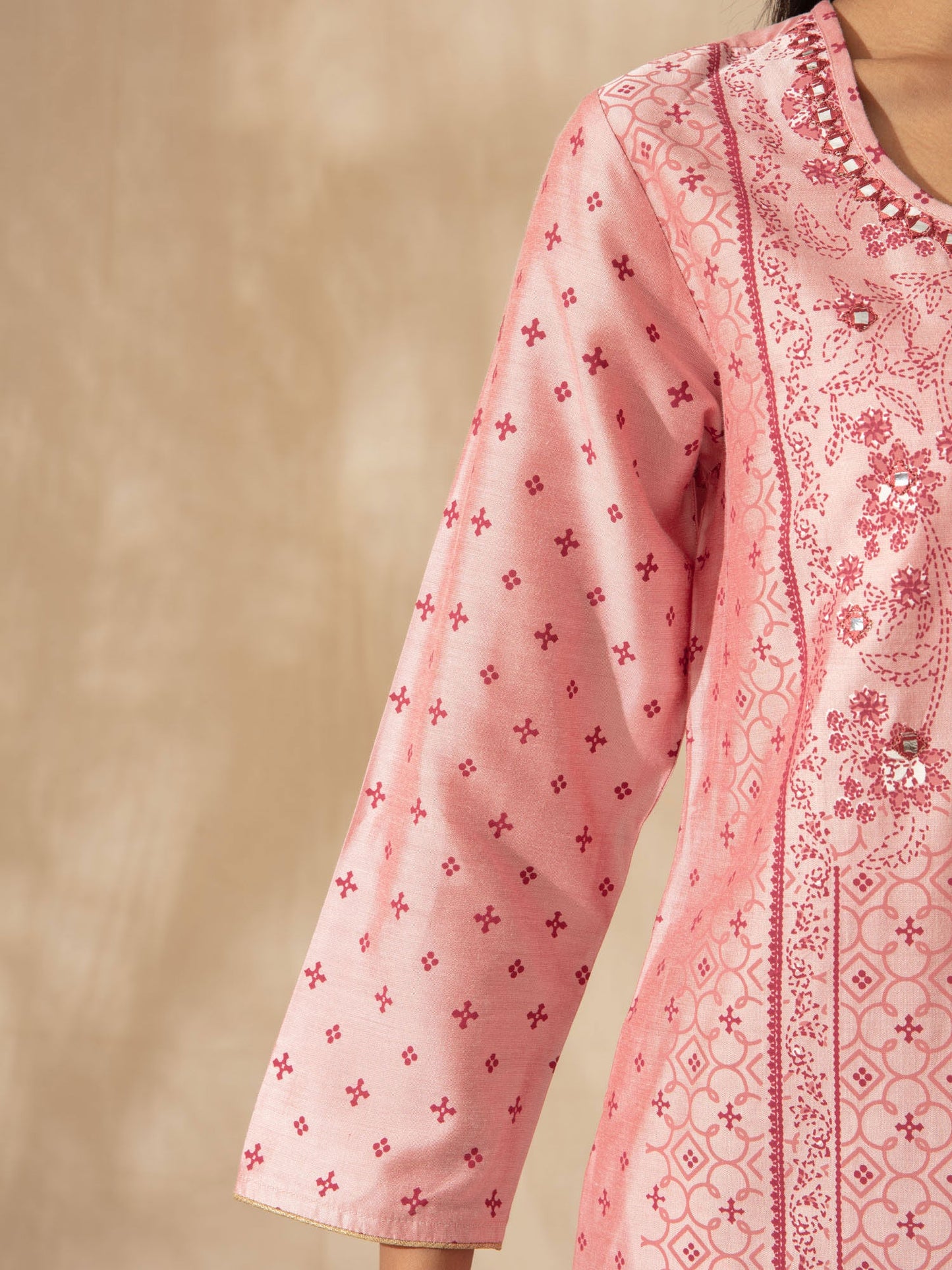 Likha Pink Panel Printed Kurta highlighted with Embroidery LIKKUR95