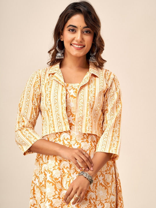 Here&now Paisley Printed Cotton A-Line Kurta With Jacket