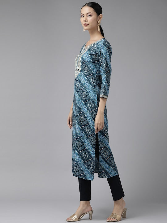 Yufta Women Blue Bandhani Printed Gotta Patti Kurta