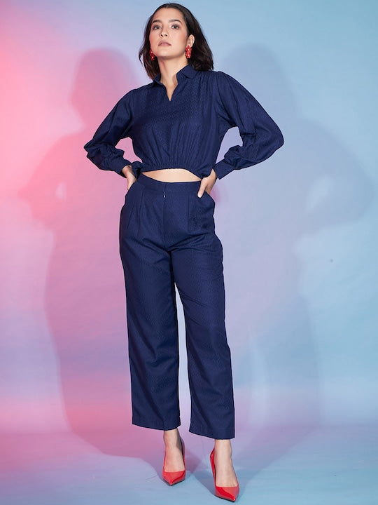 Mitera Navy Blue Ethnic Motifs Woven Design Elasticated Crop Top With Trousers