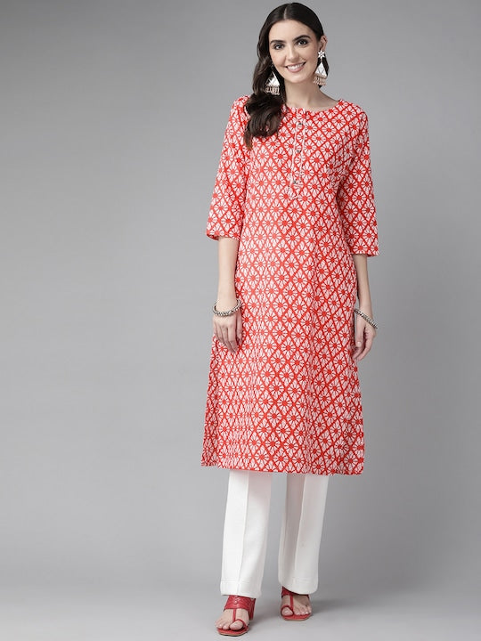 Yufta Women Coral Pink & White Ethnic Motifs Print Pure Cotton Straight Kurta