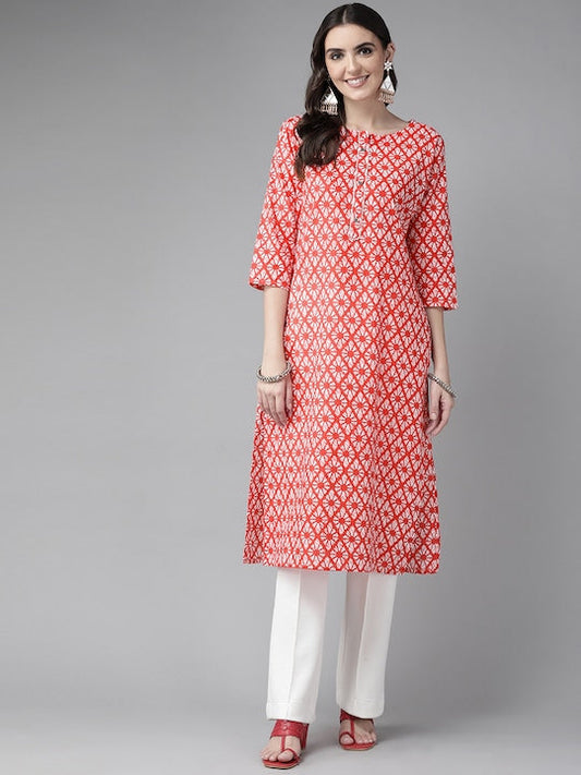 Yufta Women Coral Pink & White Ethnic Motifs Print Pure Cotton Straight Kurta