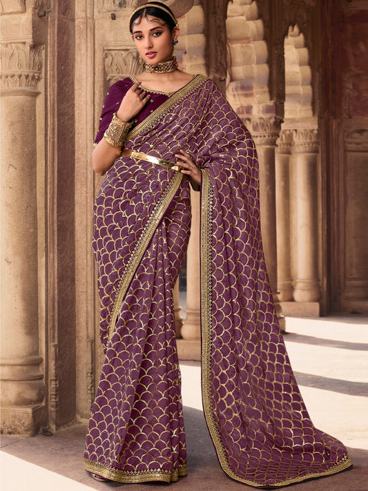 Odette Purple Organza Sequins Embroidered Saree with Unstitched Blouse