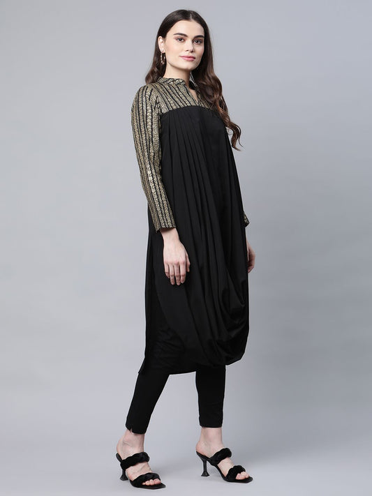 Ahalyaa Womens Black Crepe Rubber Print Cowl Style Kurta
