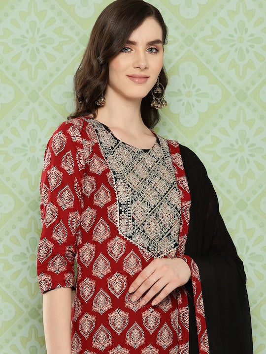 Yufta Women Ethnic Motifs Printed Regular Pure Cotton Kurta with Trousers & With Dupatta