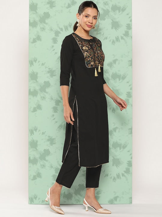 Yufta Floral Yoke Design Gotta Patti Pure Cotton Kurta With Trousers & With Dupatta