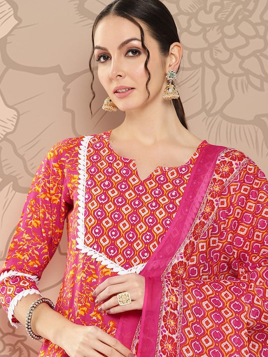 Yufta Women Pink Printed Regular Sequinned Pure Cotton Kurta with Trousers & Dupatta