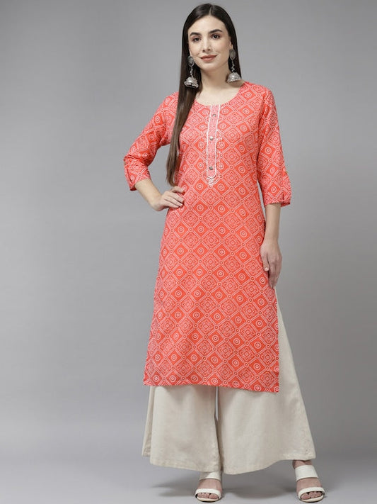 Yufta Women Pink & White Bandhani Printed Pure Cotton Kurta - M