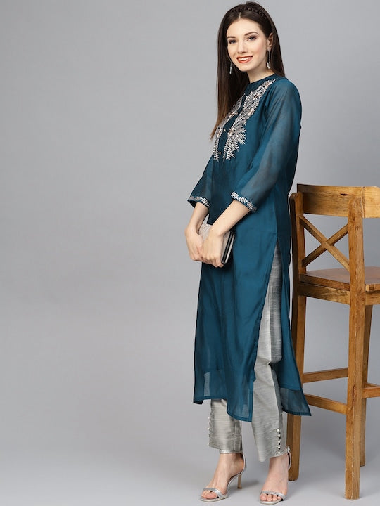 Varanga Women Navy Blue & Grey Ethnic Motifs Embroidered Handloom Kurta with Palazzos