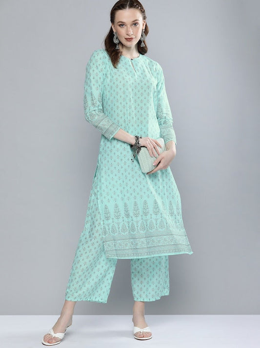 Vishudh Women Blue Ethnic Motifs Printed Panelled Pure Cotton Kurta with Trousers