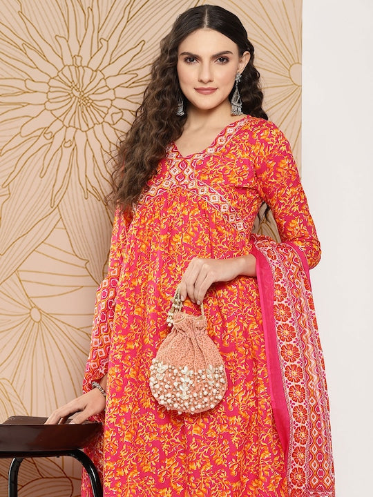 Yufta Women Floral Printed Regular Sequinned Pure Cotton Kurta with Trousers & Dupatta