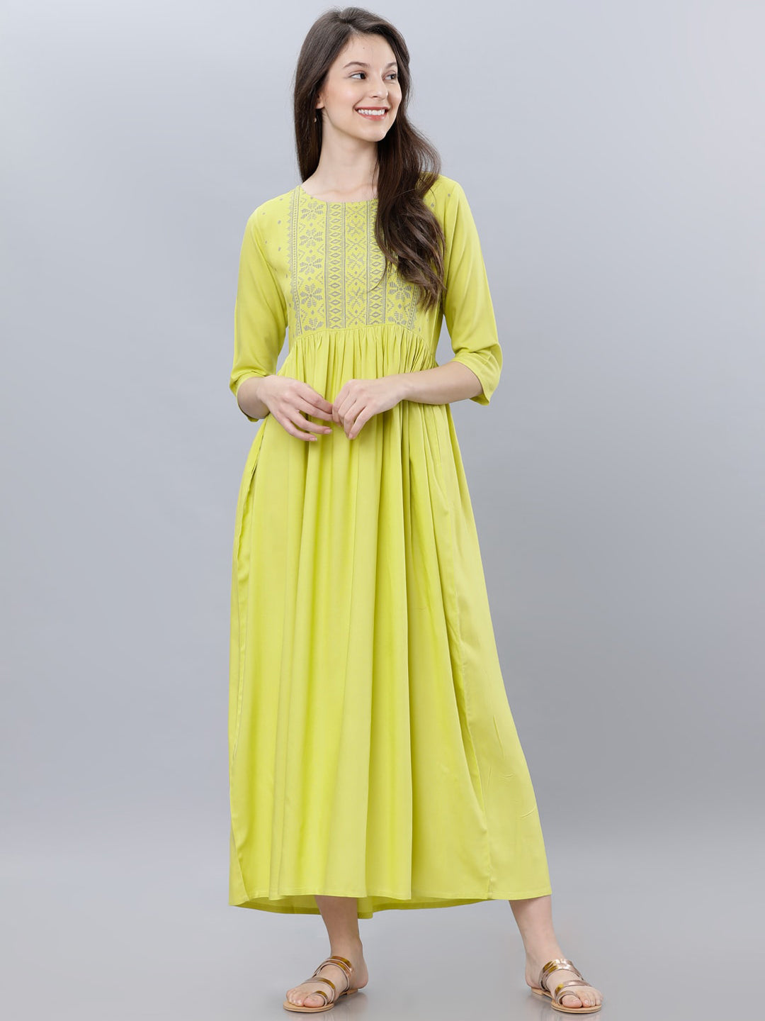 Vishudh Women Lime Green Embroidered Maxi Dress