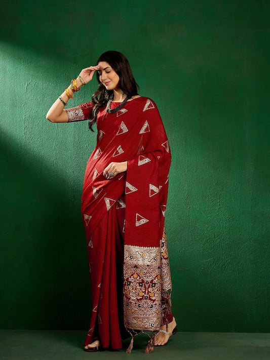 Sangria Red Geometric Woven Designed Zari Sarees