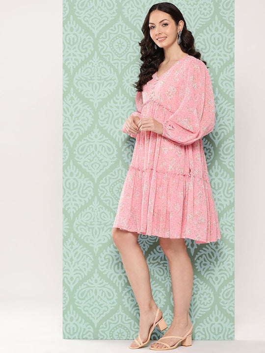 Varanga Floral Print Puff Sleeve Georgette A-Line Dress