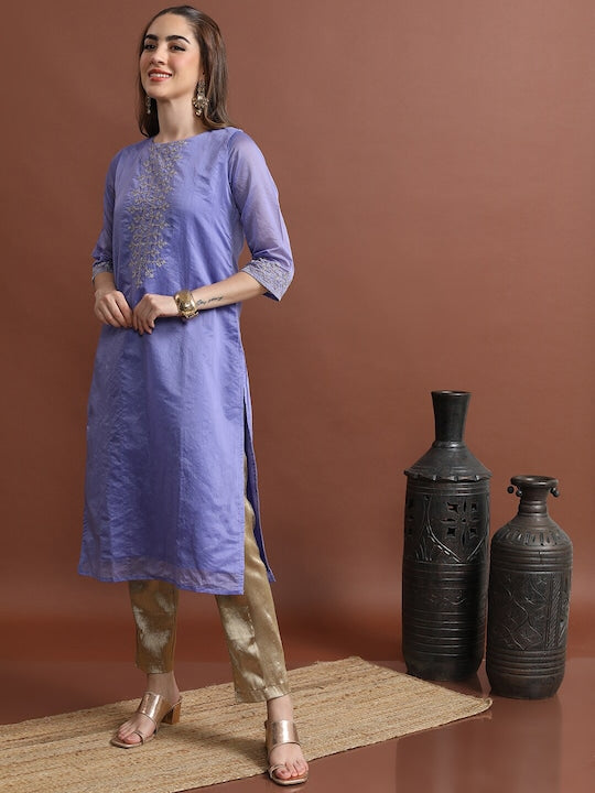 Vishudh Mauve Ethnic Motifs Embroidered Boat Neck Indigo Cotton Straight Kurta