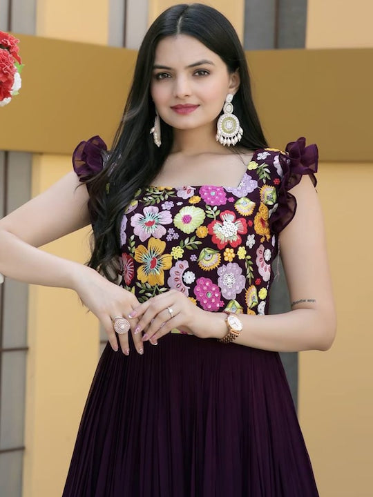Fusionic Floral Embroidered Square Neck Georgette Ruffles Ethnic Gown