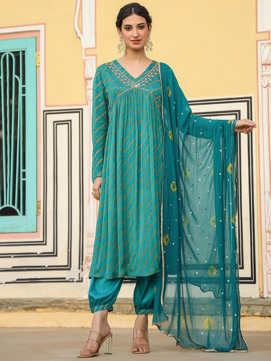 Scakhi Bandhani Printed Empire Mirror Work Kurta With Patiala & Dupatta