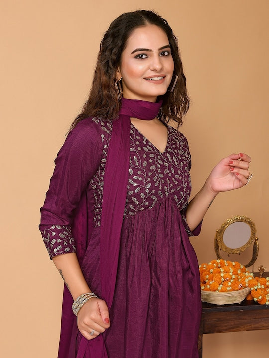 Here&now Floral Embroidered Sequinned Kurta With Trousers & Dupatta