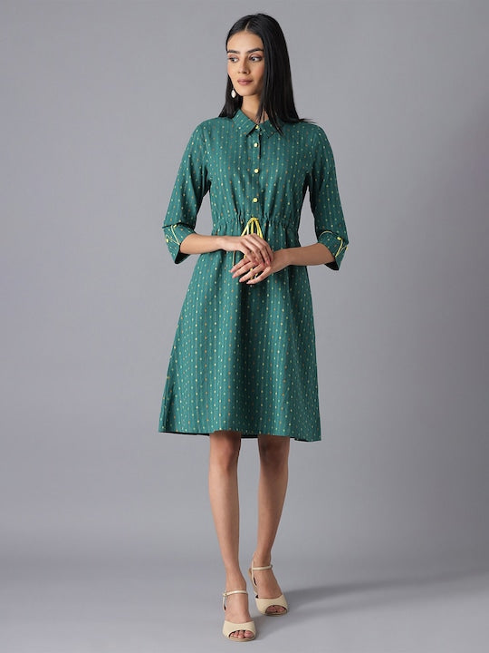 Aurelia Green Printed Pure Cotton A-Line Dress
