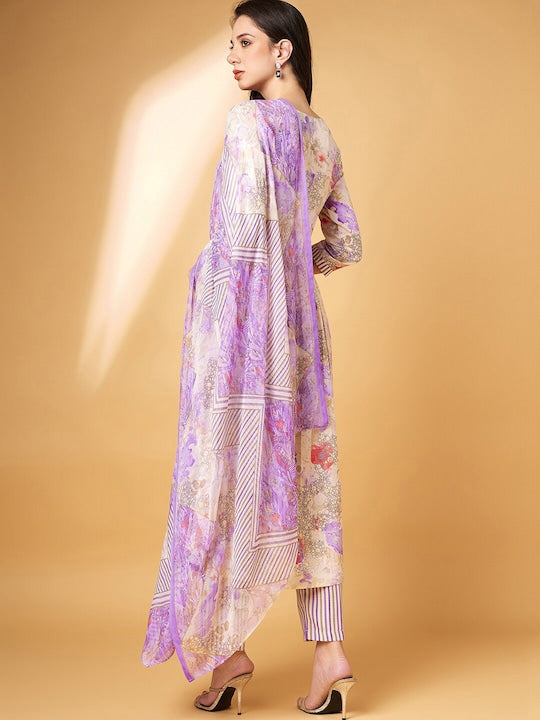 All about you Floral Embroidered V-Neck Straight Kurta With Trousers & Dupatta