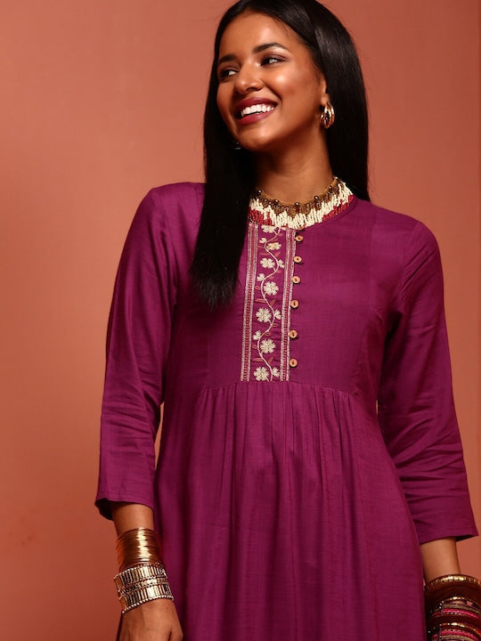 IMARA Floral Yoke Design Thread Work Pleated A-Line Kurta With Trouser