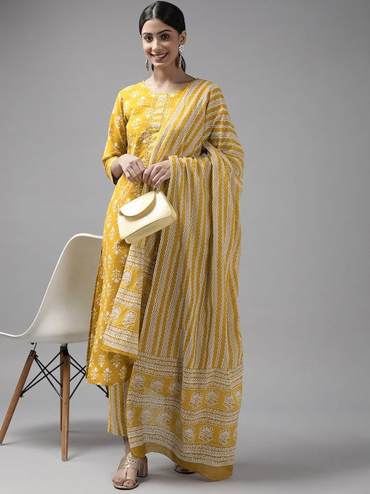 Yufta Women Mustard Yellow Floral Printed Pure Cotton Kurta with Trousers & With Dupatta