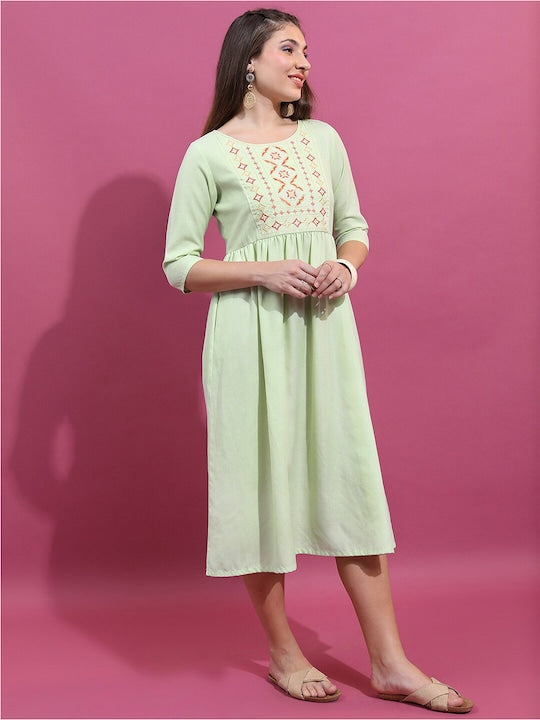 Vishudh Sea Green Ethnic Embroidered Fit & Flare Midi Ethnic Dress