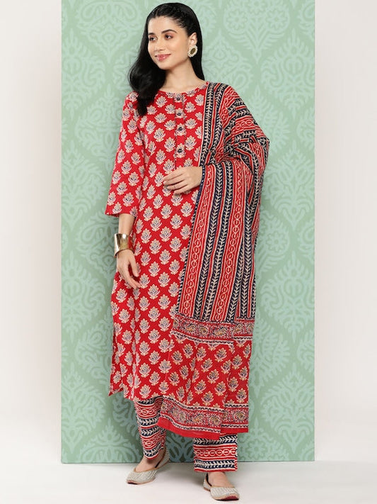 Yufta Floral Printed Regular Sequinned Pure Cotton Kurta with Trousers & With Dupatta