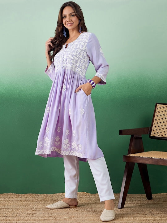 Sangria Floral Embroidered Flared Anarkali Kurta