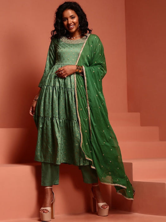 IMARA Floral Printed Anarkali Kurta with Trousers & With Dupatta