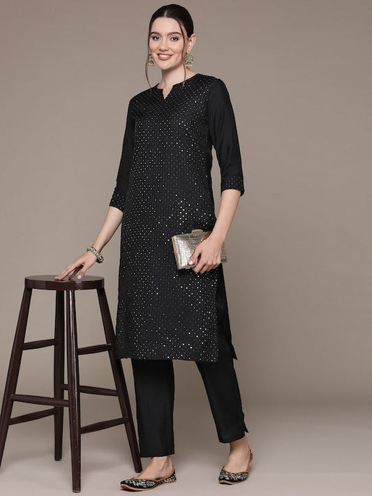 Readiprint Fashions Embroidered Sequinned Pure Silk Kurta with Trousers