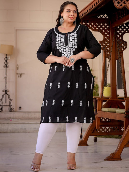 Yufta Plus Size Ethnic Motifs Chikankari Embroidered Pure Cotton Kurta