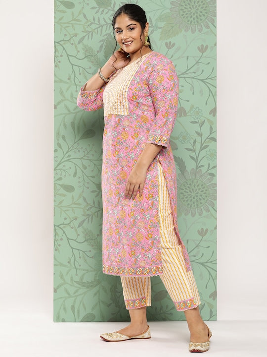 Yufta Plus Size Ethnic Motifs Printed Pure Cotton Kurta with Trousers & With Dupatta