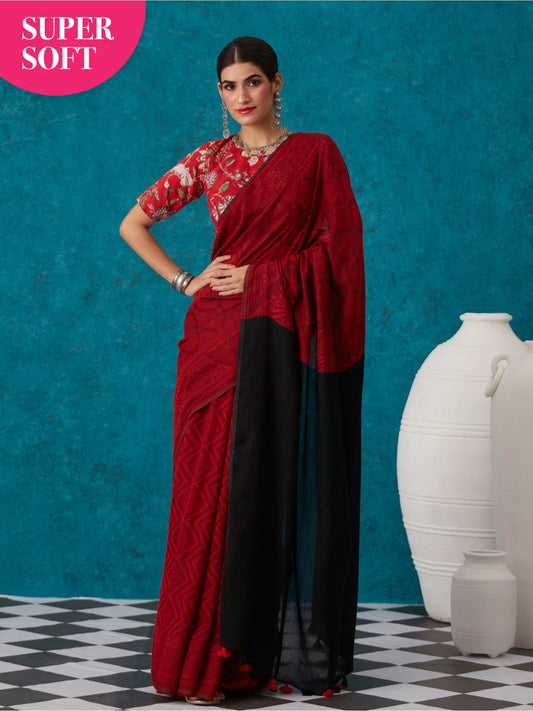 Likha Red Liva Jacquard Textured Lite Saree With Unstitched Blouse LIKSAR20 (Free Size)