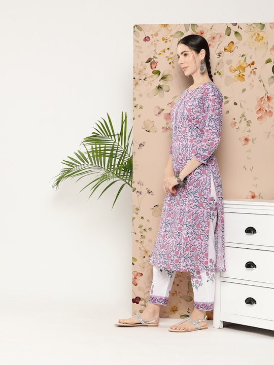 Yufta Women Floral Printed Pure Cotton Kurta with Trousers & With Dupatta