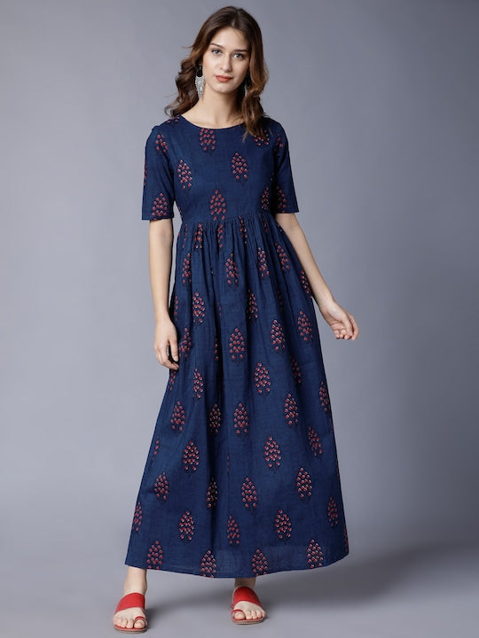 Vishudh Navy Blue Ethnic Motifs Printed Cotton Maxi Dress