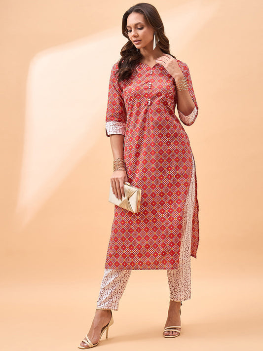 All about you Bandhani Printed V-Neck Regular Straight Kurta With Trousers