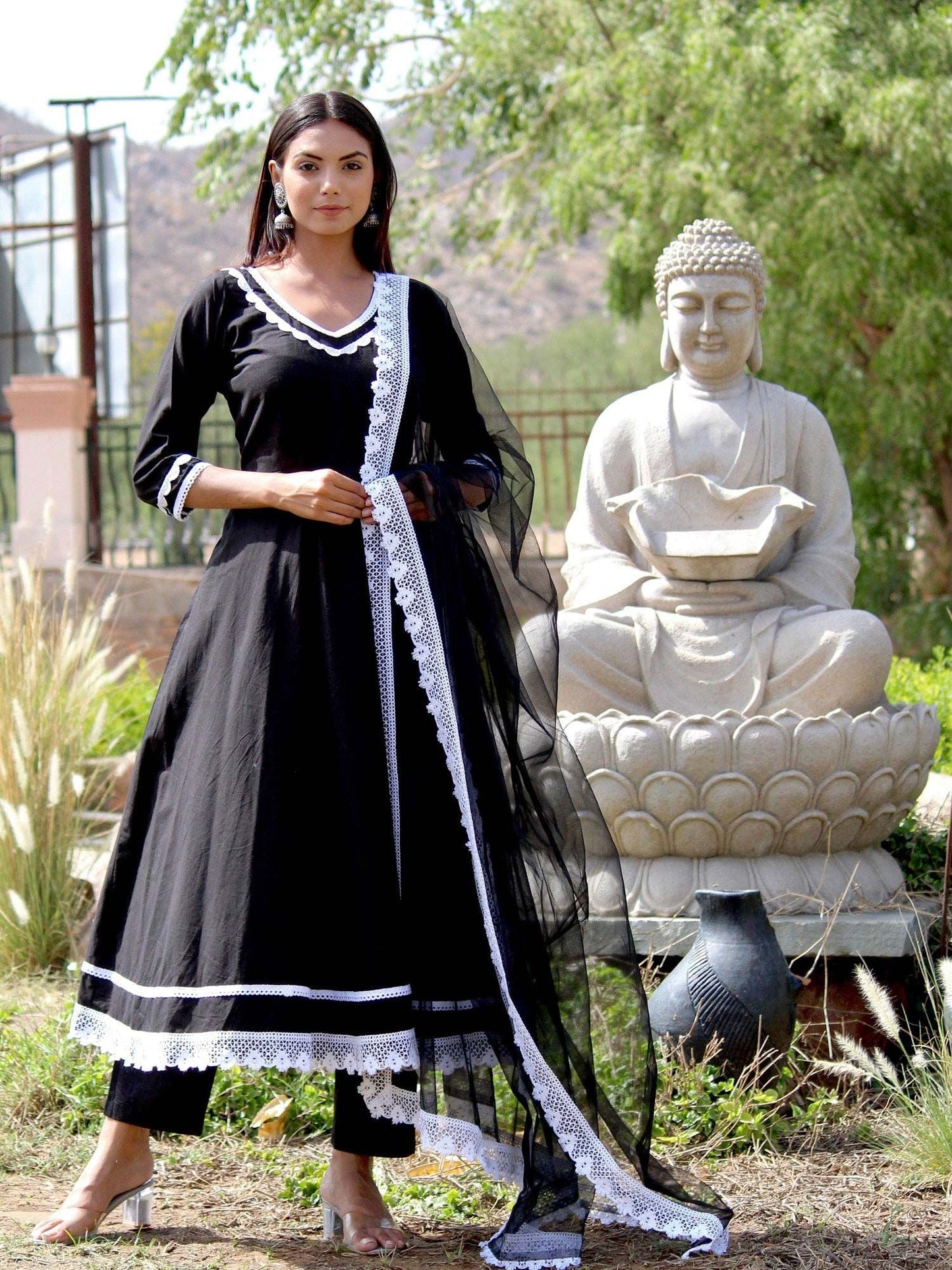 ONEWE INDIA Naadiya Embroidered Anarkali Set (Set of 3) - Black