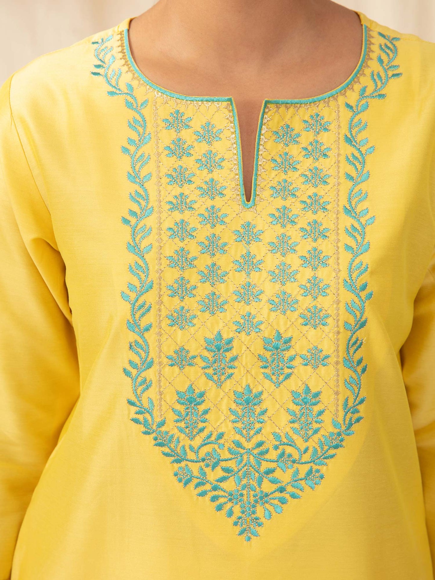 Likha Yellow straight Kurta with Embroidered Mughal Buttis LIKKUR85