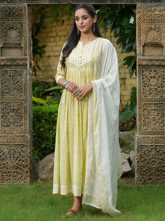 PIROH Womens Cotton Paisley Jaal Print Flared Gown with Dupatta - Lime Yellow (Set of 2)