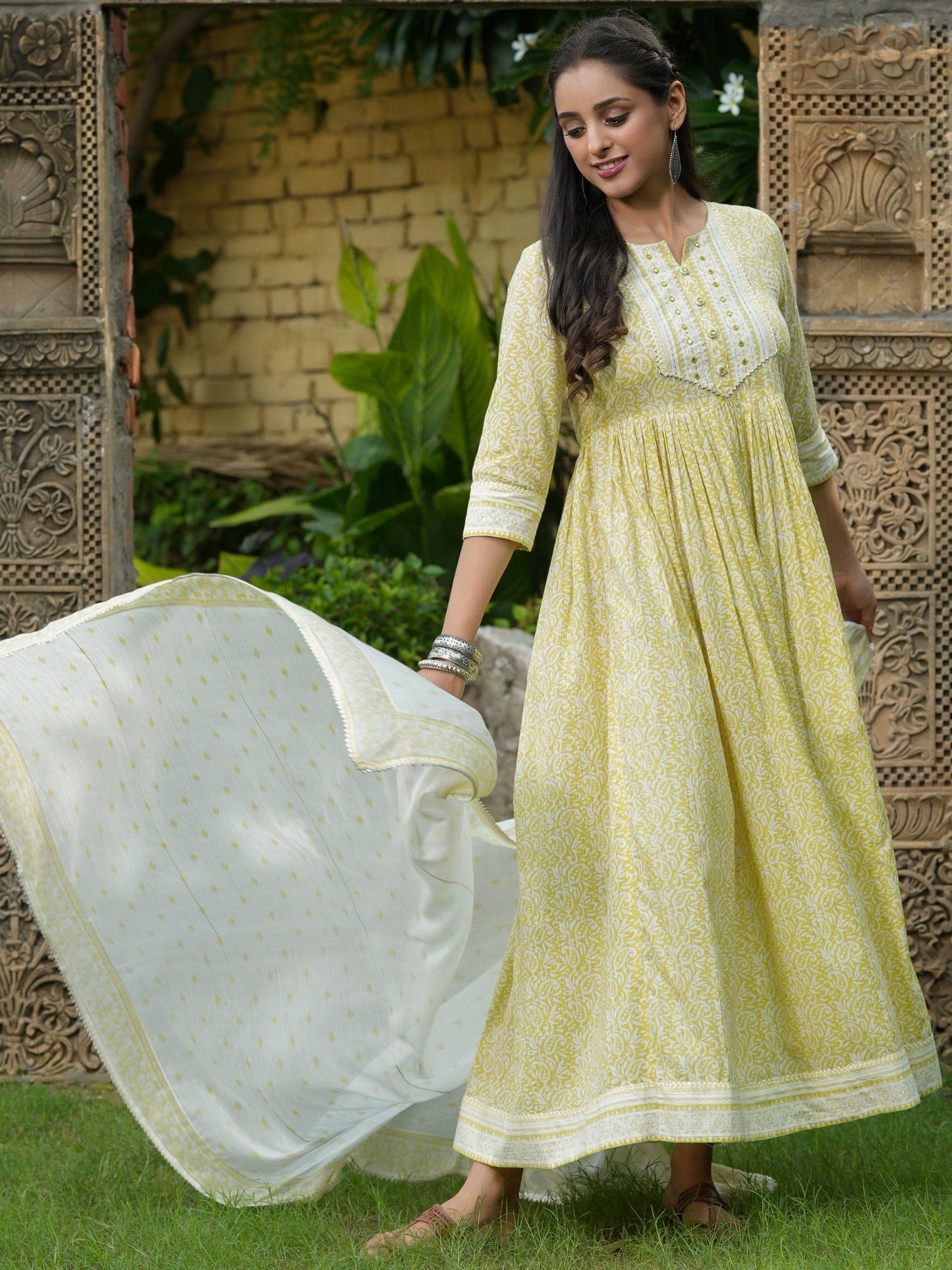 PIROH Womens Cotton Paisley Jaal Print Flared Gown with Dupatta - Lime Yellow (Set of 2)